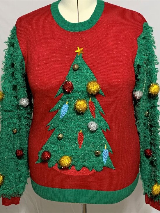 33 Degrees Other - Ugly Christmas Sweater Fuzzy Tree Sleeves Bell Pompoms Green Red MENS Womens M